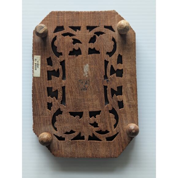 Vintage Hand-Carved Indian Wood Trivet / Decorative Stand with Inlay - Picture 2 of 4